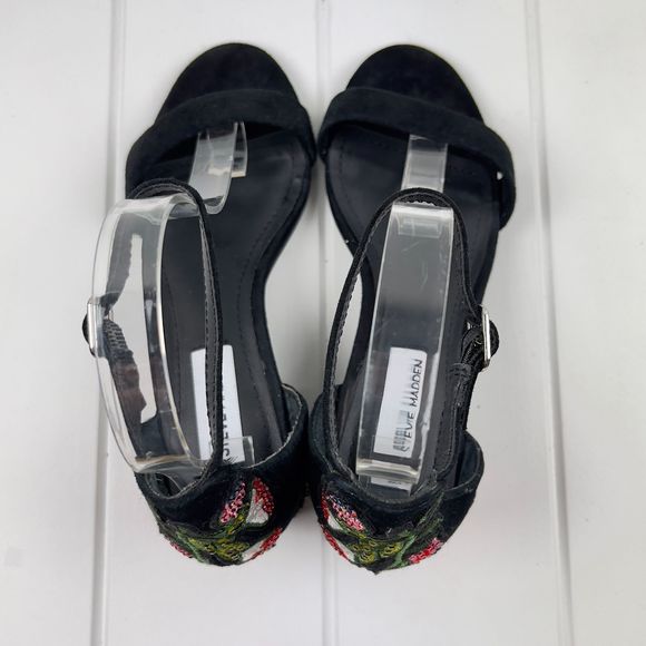 Steve Madden Inca Black Embroidered Floral Open Toe Ankle Strap Shoes Womens 6M - Picture 5 of 8